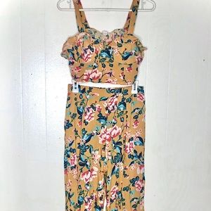 Mustard Yellow Floral Crop Top Pantsuit Set